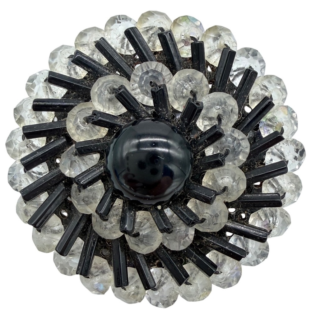 Vintage West Germany Black Lucite Crystal Beaded Flower Brooch Statement Pin